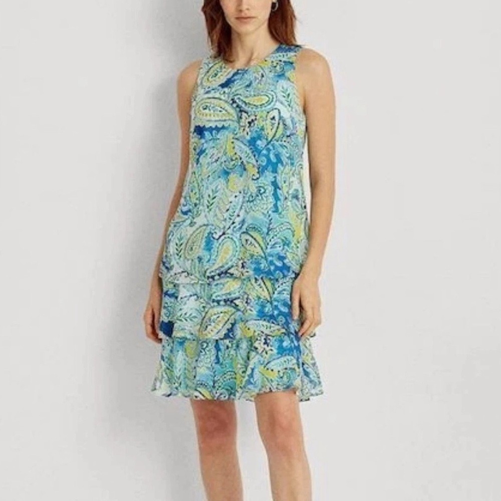 Lauren Ralph Lauren Paisley Tiered Ruffle Sleeveless Dress Blue Green Yellow 10 - Picture 1 of 10
